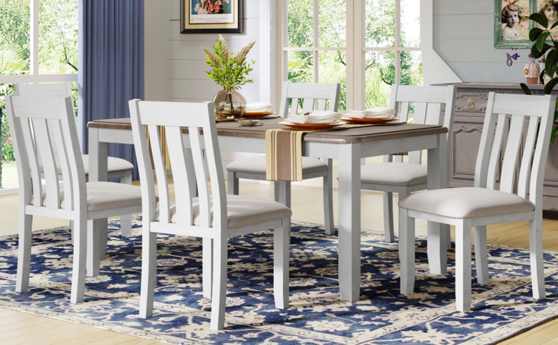 Dining Table Set Extendable Leaf Walnut Gray Upholstered Retro