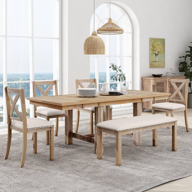 Dining Table Set Extendable Wood with Bench and Nailhead Trim Chairs
