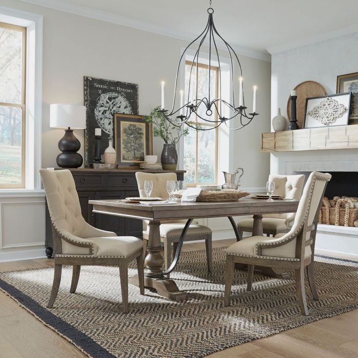 Dining Table Set Farmhouse Trestle Base Two Tone Finish