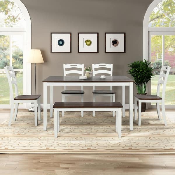 Dining Table Set Farmhouse Two Tone Ivory Bench Seating