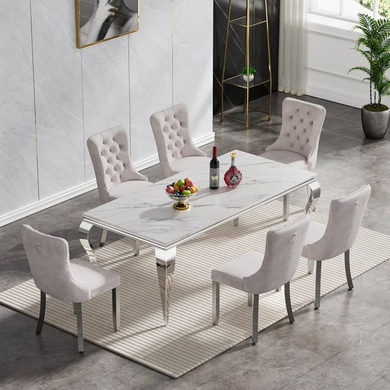 Dining Table Set Faux Marble Silver Legs Channel Tufted Beige