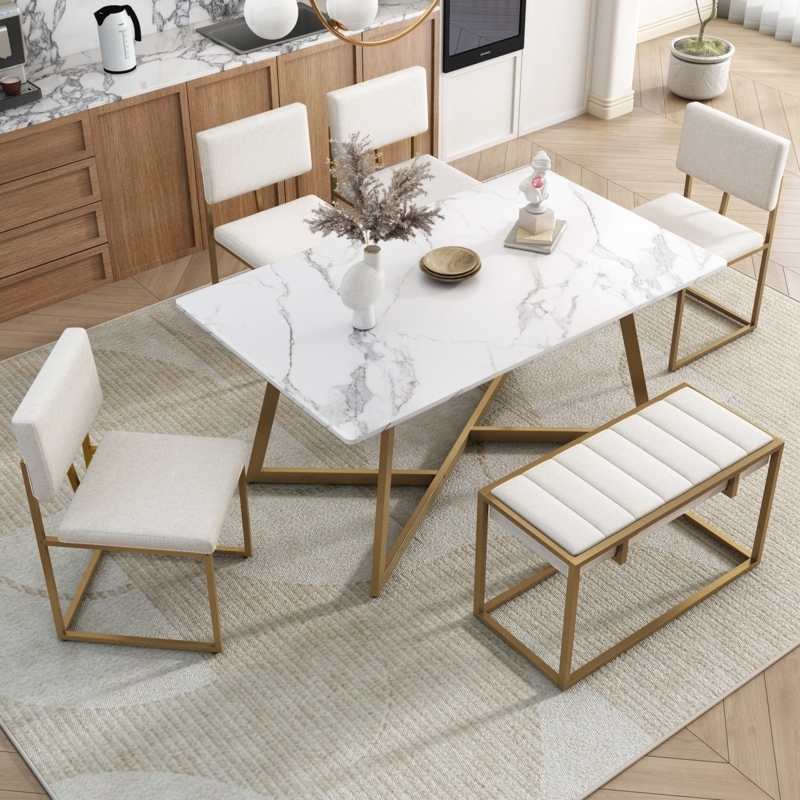 Dining Table Set Faux Marble Top Channel Tufted Chairs 6 Piece