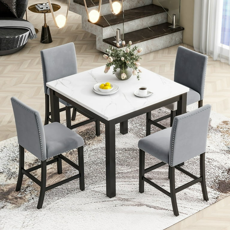 Dining Table Set Faux Marble Top Gold Capped Legs