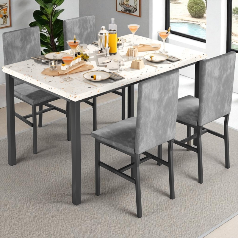 Dining Table Set Faux Marble Top Grey Velvet Chairs Monochrome Modern