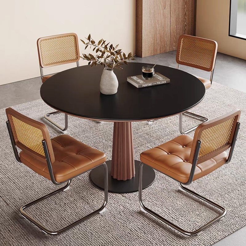 Dining Table Set French Retro Cane Back Round Light Wood