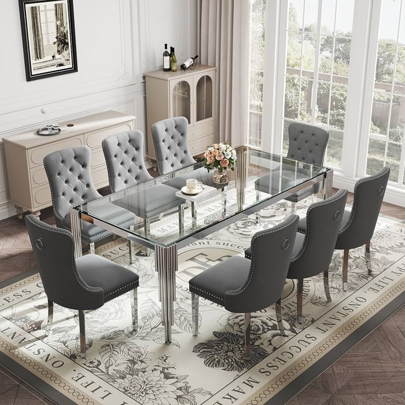 Dining Table Set Glass Tabletop Polished Metal Legs Sleek Glam