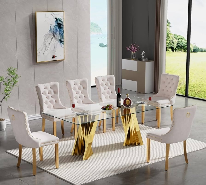 Dining Table Set Gold Geometric Base Beige Tufted Velvet