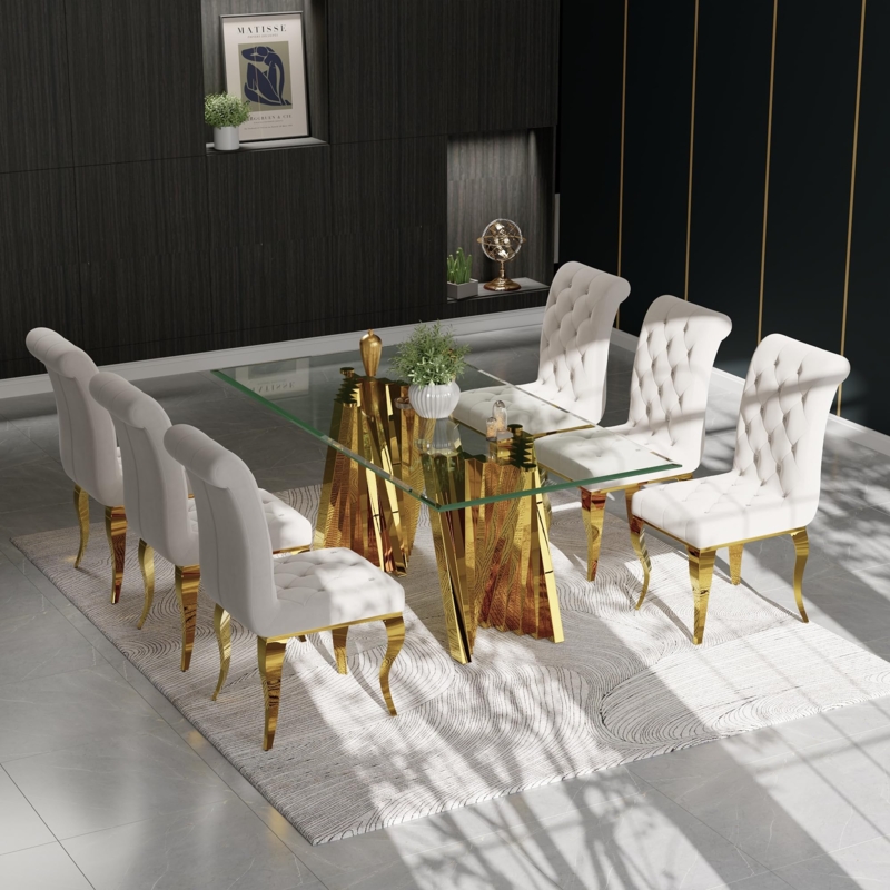 Dining Table Set Gold Metal Legs Glass Top Modern Layout