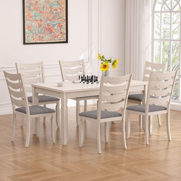 Dining Table Set Gray Wood Top Black Metal Frame Ladder Back Chairs
