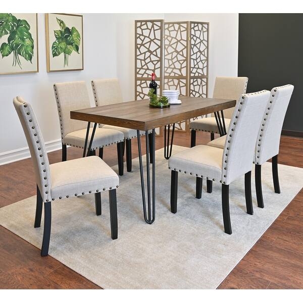 Dining Table Set Hairpin Base Nailhead Chairs Tan Fabric