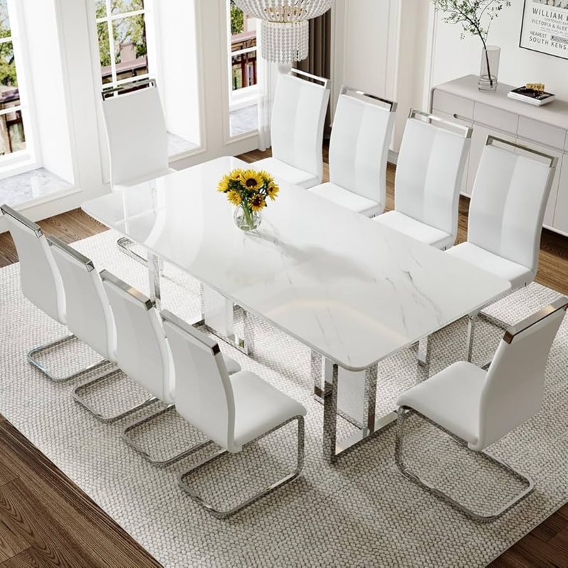 Dining Table Set High Gloss Extra Large Capacity Modern White 10 Piece