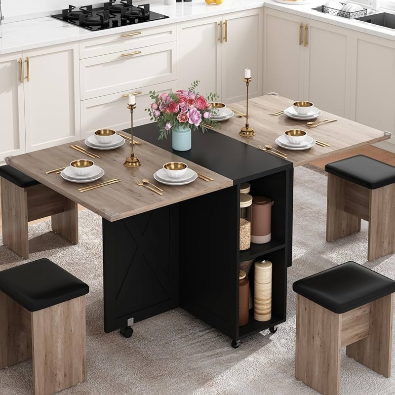 Dining Table Set Industrial Black Drop Leaf Integrated Chair Storage