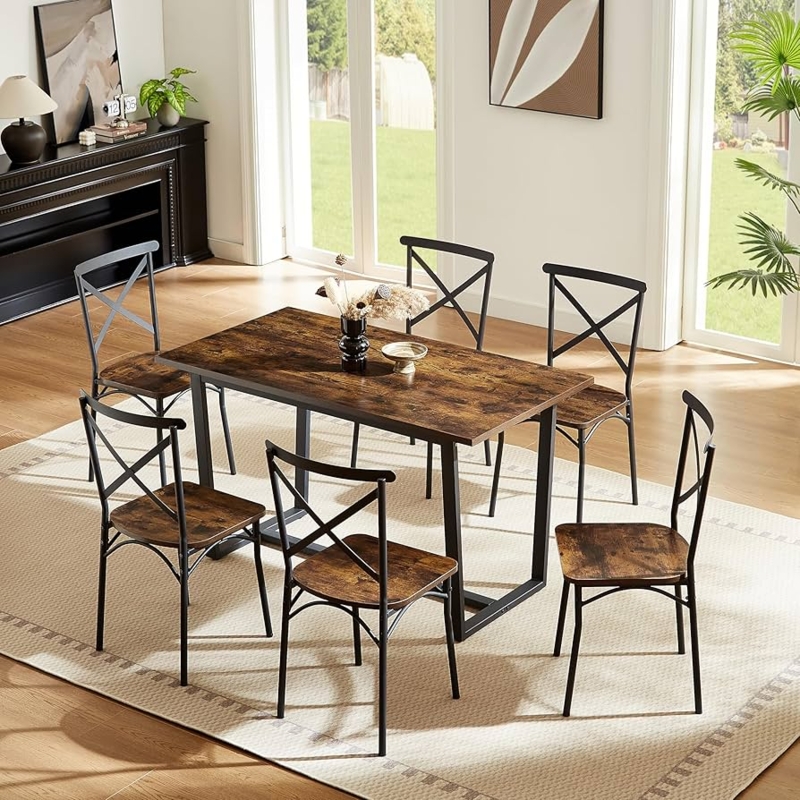 Dining Table Set Industrial Cross Brace Base For 6