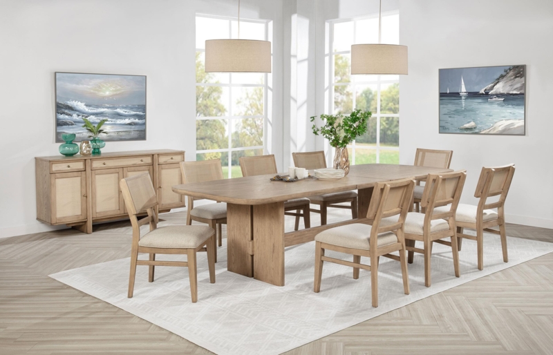 Dining Table Set Light Oak Finish Dual Geometric Pendants Airy Farmhouse