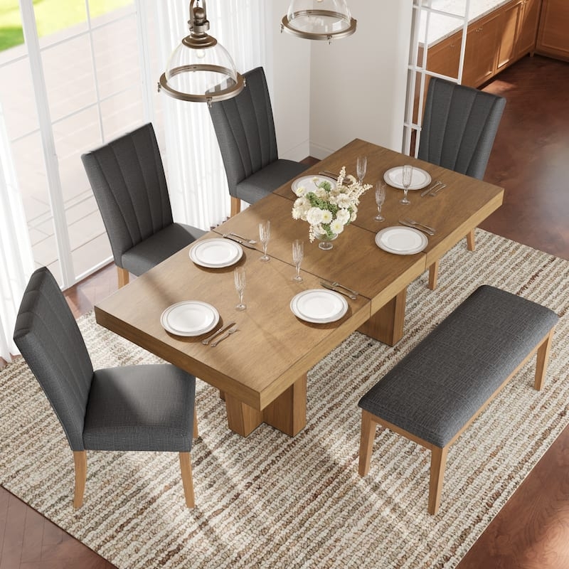 Dining Table Set Light Wood Extendable with Bench Transitional Style Farmhouse