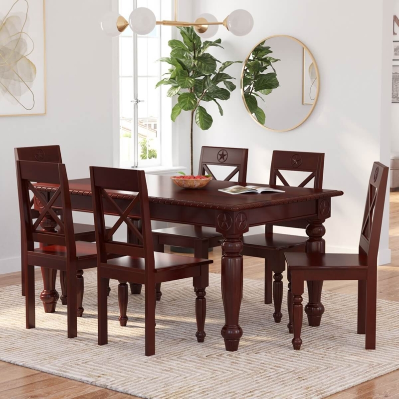 Dining Table Set Mahogany Wood Tone Slat Back Craftsman Rustic