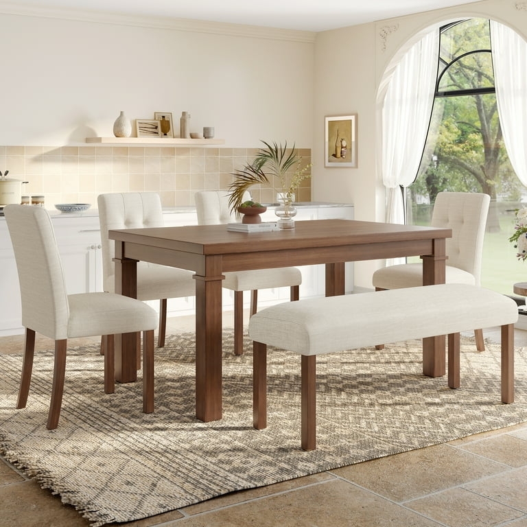 Dining Table Set Matching Upholstered Bench, Six Piece, Walnut Wood