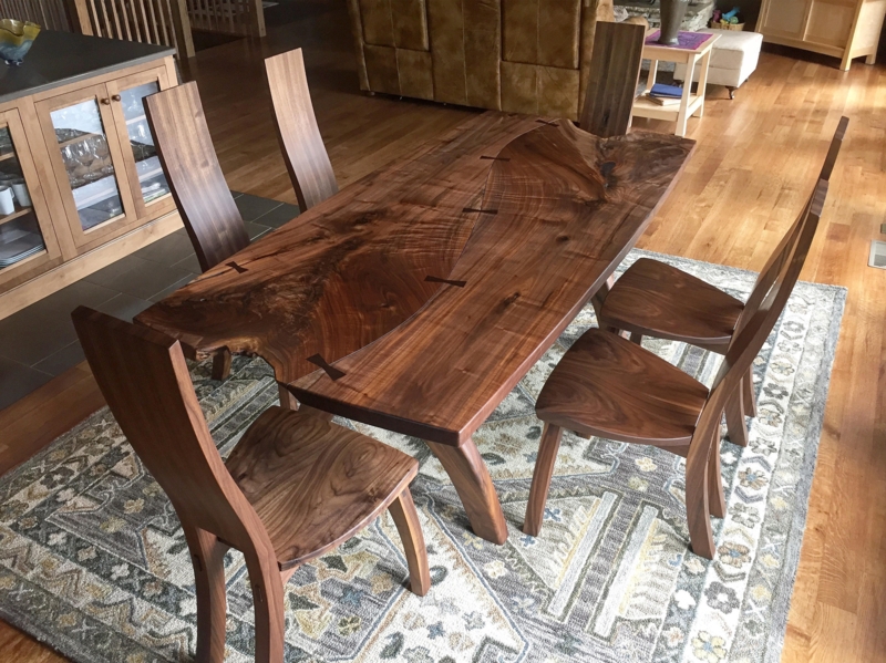 Dining Table Set Mid Century Modern Dark Wood Black Padded Seats