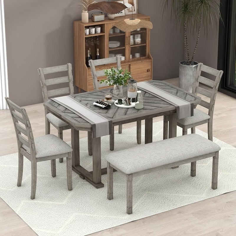 Dining Table Set Modern Farmhouse Upholstered Bench 6 Piece