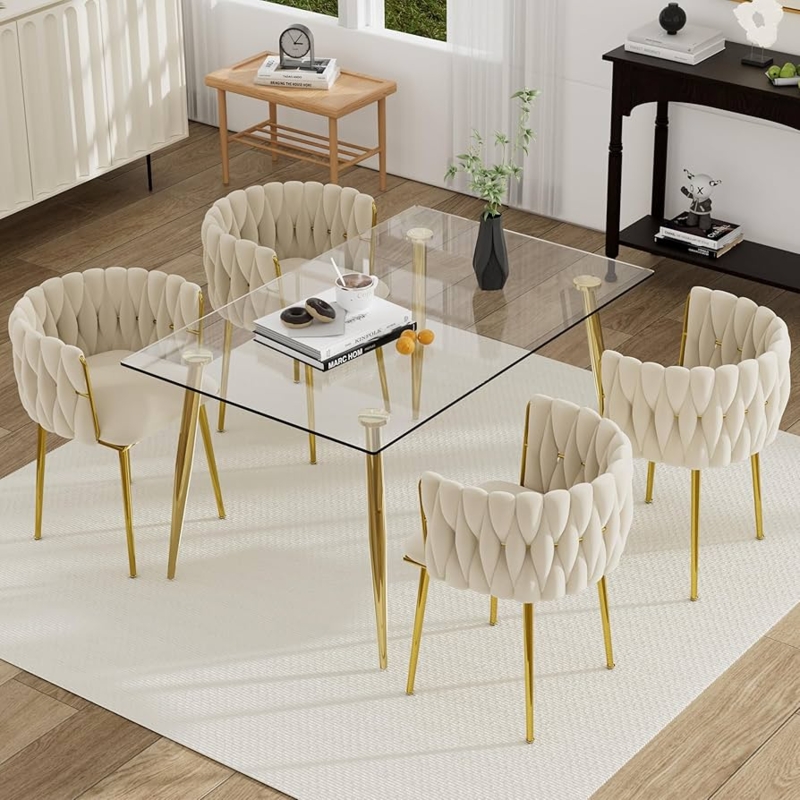 Dining Table Set Modern Glass Top Gold Frame Woven Ivory Chairs