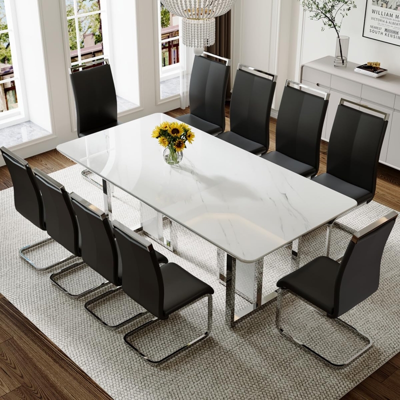 Dining Table Set Modern Glossy White U-Shaped Pedestal 10 Person