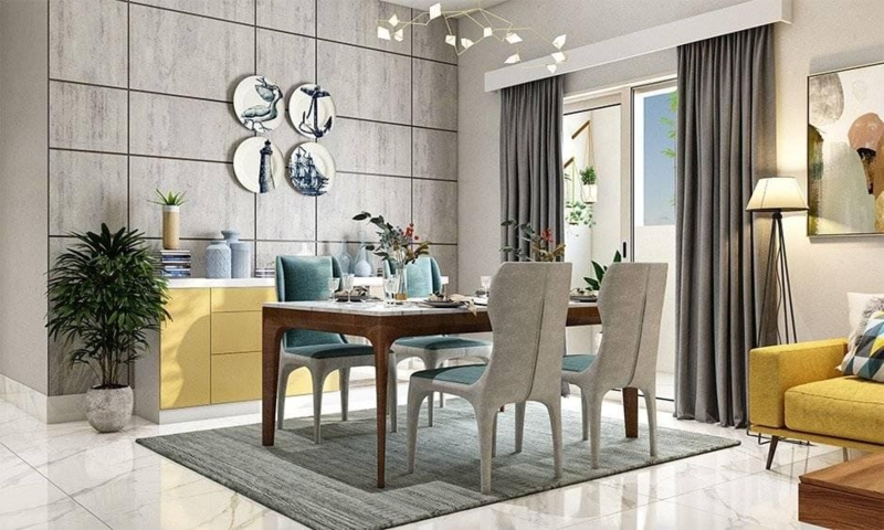Dining Table Set Modern Grey Upholstered Chairs Light Wood