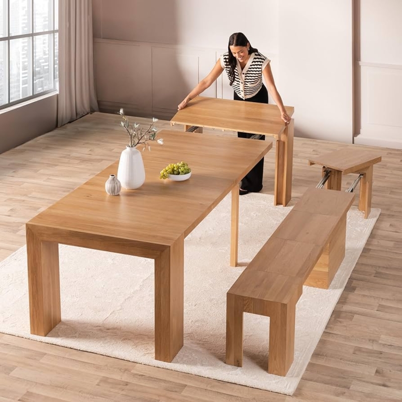 Dining Table Set Natural Wood Extendable with Bench Scandinavian Modern