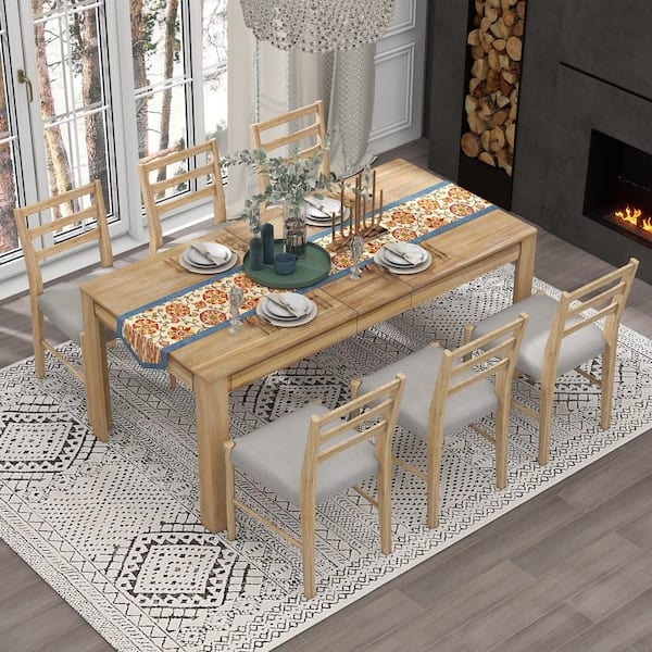 Dining Table Set, Natural Wood Finish, Built-in Drawers, Modern Farmhouse.