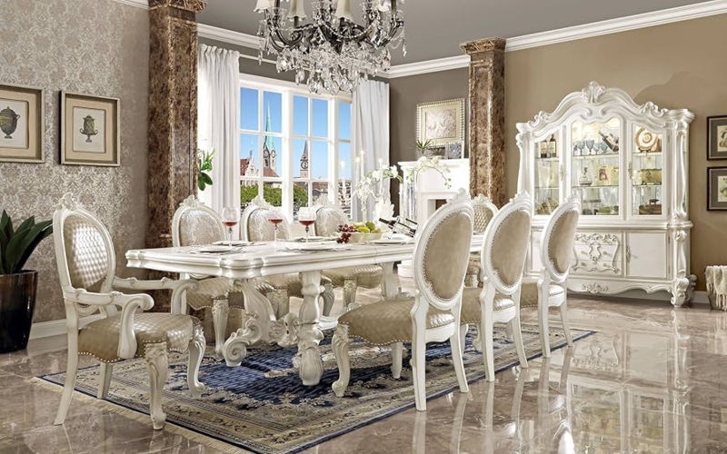 Dining Table Set Rococo Carvings Bone White Double Pedestal Formal