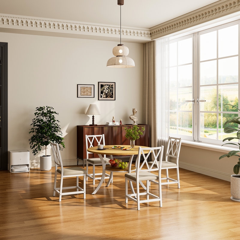 Dining Table Set Round Drop Leaf Cross Leg Base High Back Upholstery