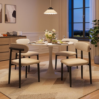Dining Table Set Round Faux Marble White Boucle Chairs Gold Legs Chic