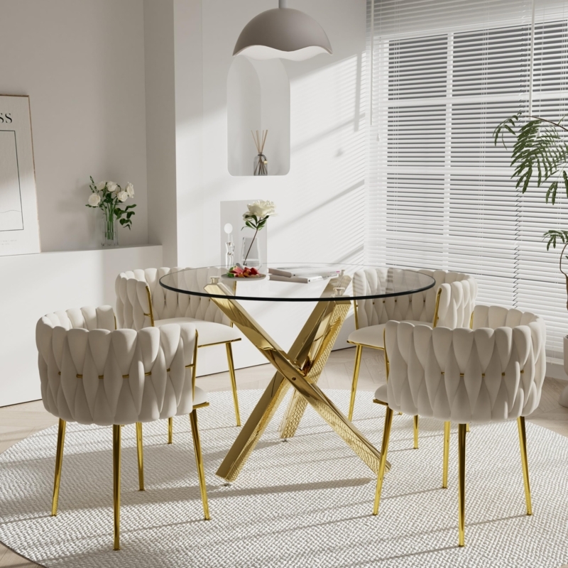 Dining Table Set Round Glass Top Gold Legs Woven Chairs