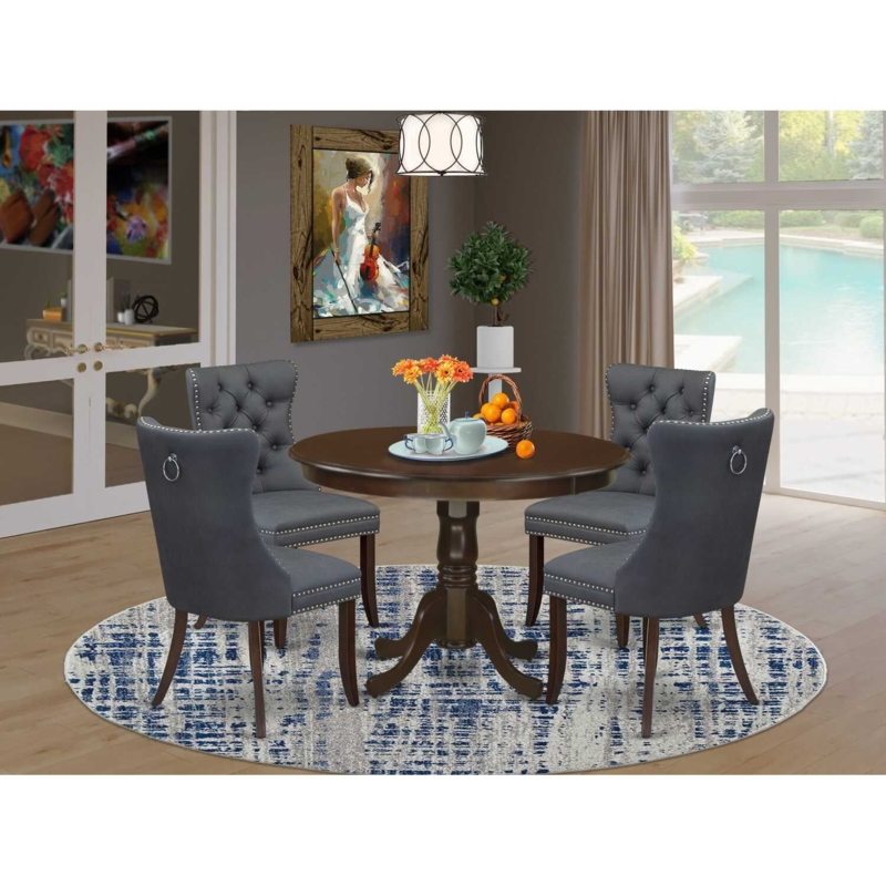 Dining Table Set Round Pedestal Base Mahogany Finish Parsons Chairs