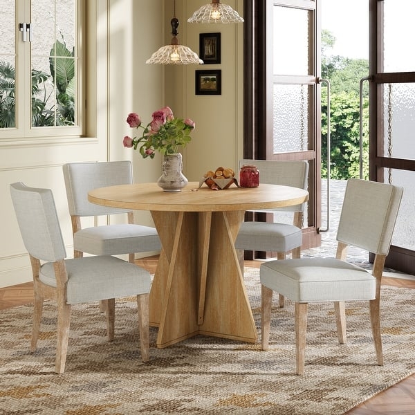 Dining Table Set Round Pedestal Walnut Base Black Curved Chairs
