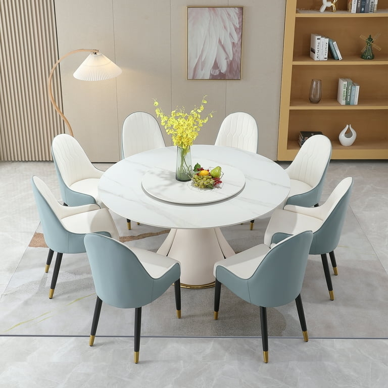 Dining Table Set Round Stone Top Integrated Turntable Gold Base