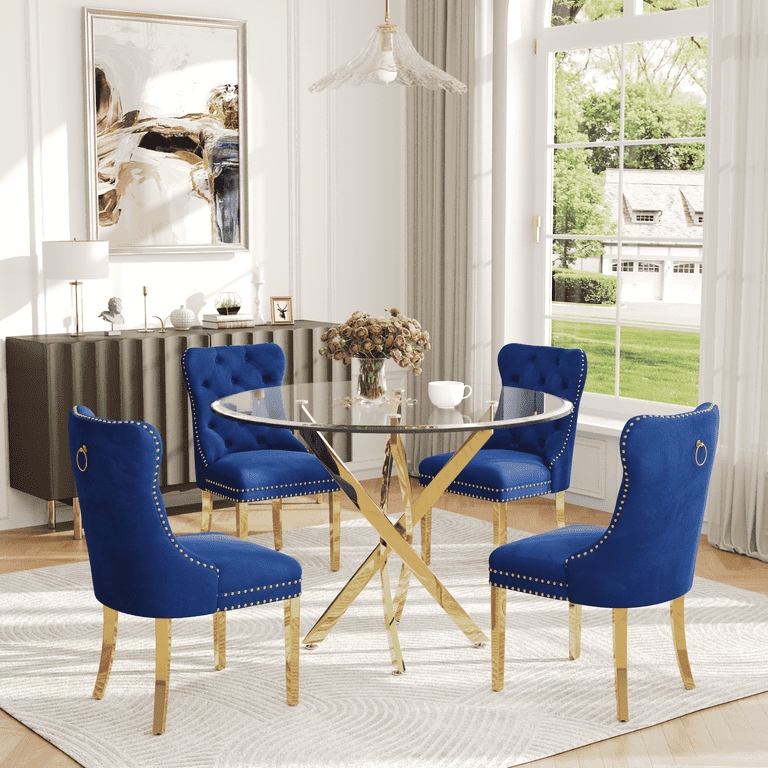 Dining Table Set Round Tempered Glass Top Splayed Gold Legs Grey Chairs