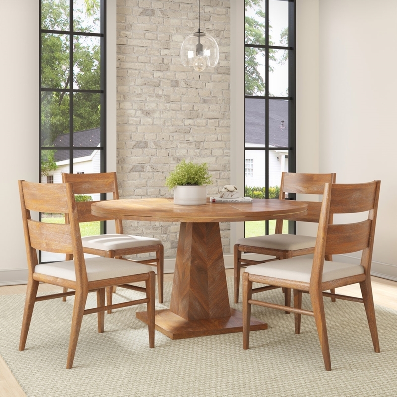 Dining Table Set Round Walnut Angled Slat Back Chairs