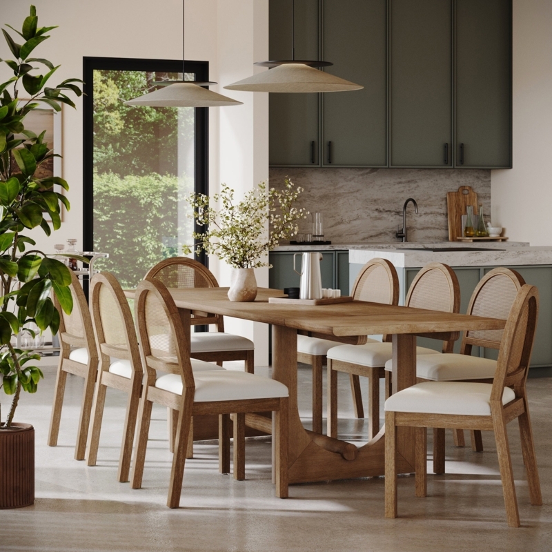 Dining Table Set Round Wood with Black X-Base and Cream Curved Chairs