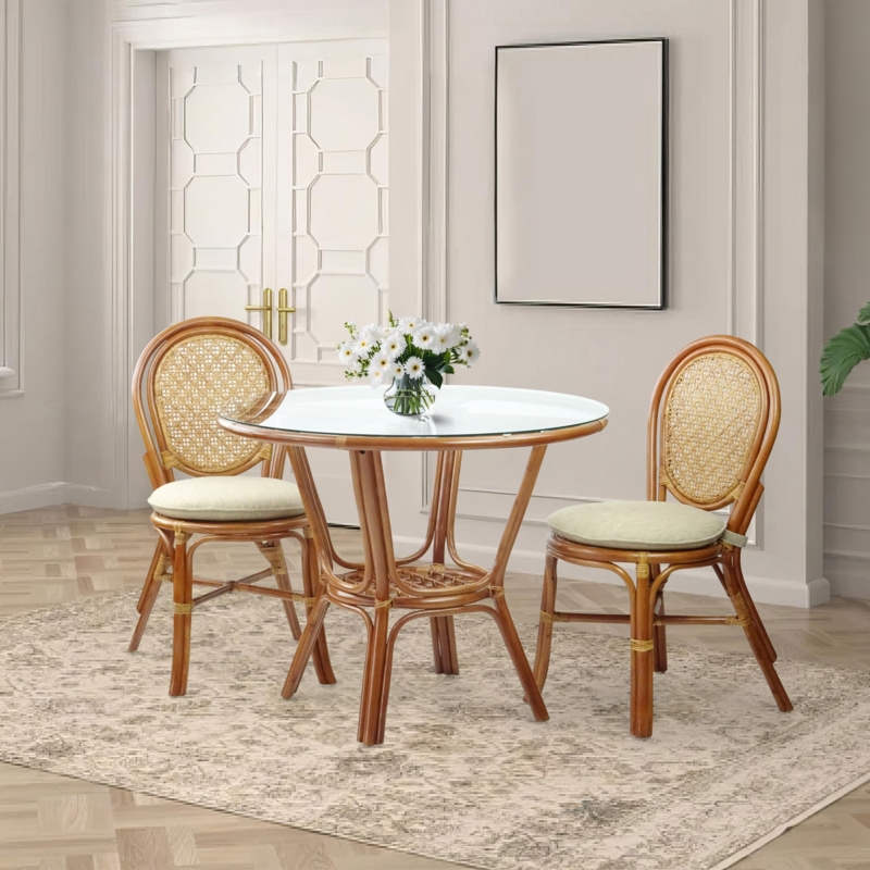 Dining Table Set Round Woven Wicker with Glass Top and Cushions