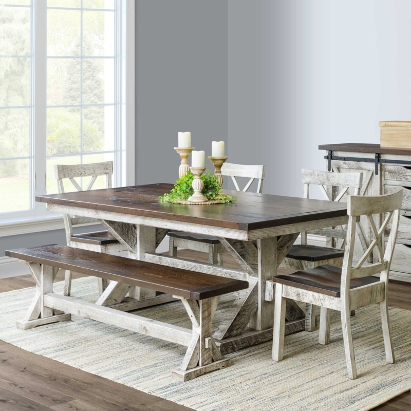Dining Table Set Rustic Barnwood X-Brace Trestle Dark Finish