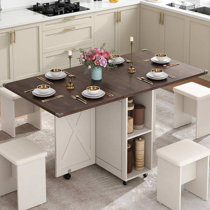 Dining Table Set Rustic Drop Leaf Integrated Storage Wheeled Base