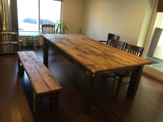 Dining Table Set Rustic Farmhouse 8-foot Two-Tone Bench