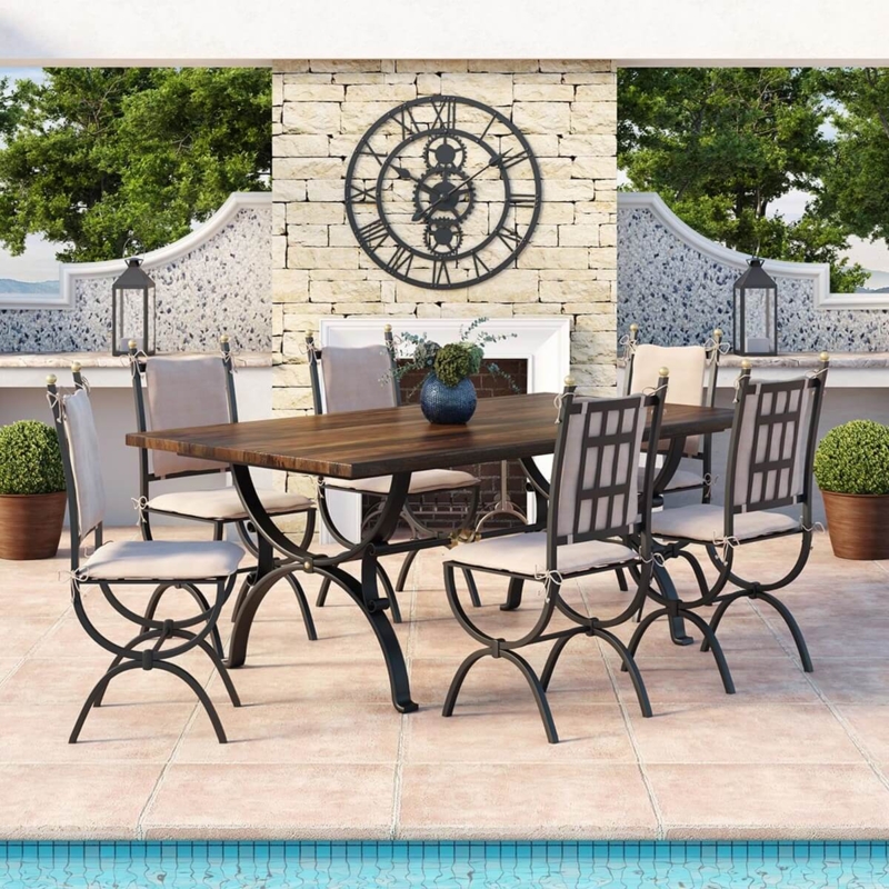 Dining Table Set Scrolled Metal Legs Rustic Farmhouse Wrought Iron Details