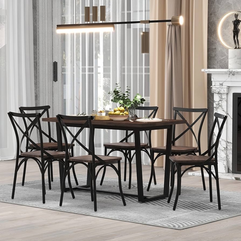 Dining Table Set Seven Piece Sled Base Chairs Industrial Wood Metal