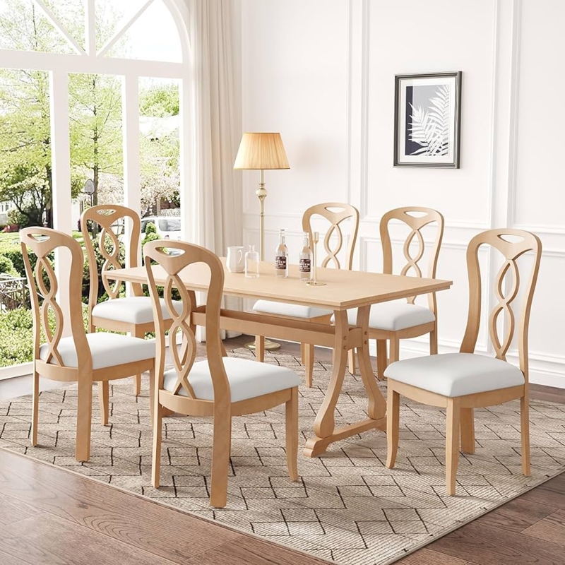 Dining Table Set Seven Piece Trestle Base Curved Barrel Back Chairs