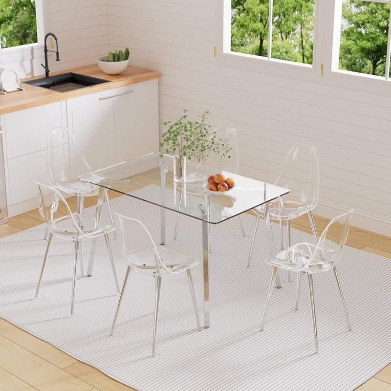 Dining Table Set Silver Trestle Base Rectangular Glass Acrylic Chairs