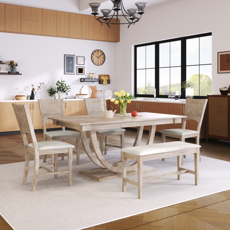 Dining Table Set Six-Piece Natural Wood Bench Curved Spindle Backs