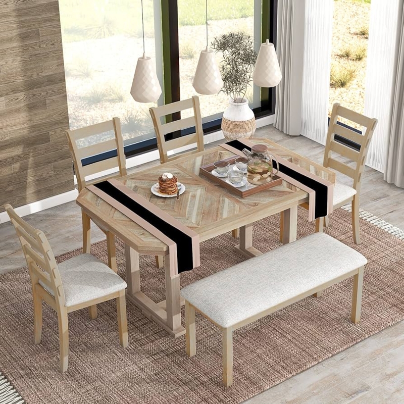 Dining Table Set Six Piece Natural Wood Bench Seating Slat Back