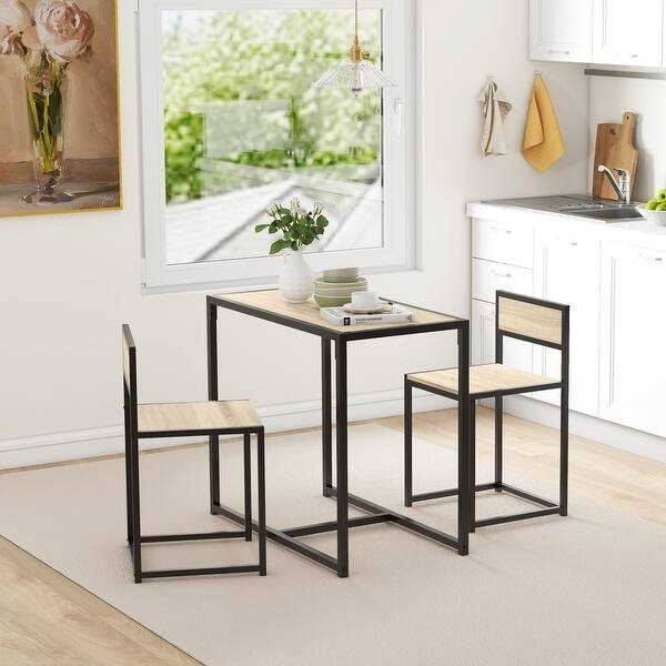 Dining Table Set Small Space 3-Piece Wood Toned Black Metal Frame