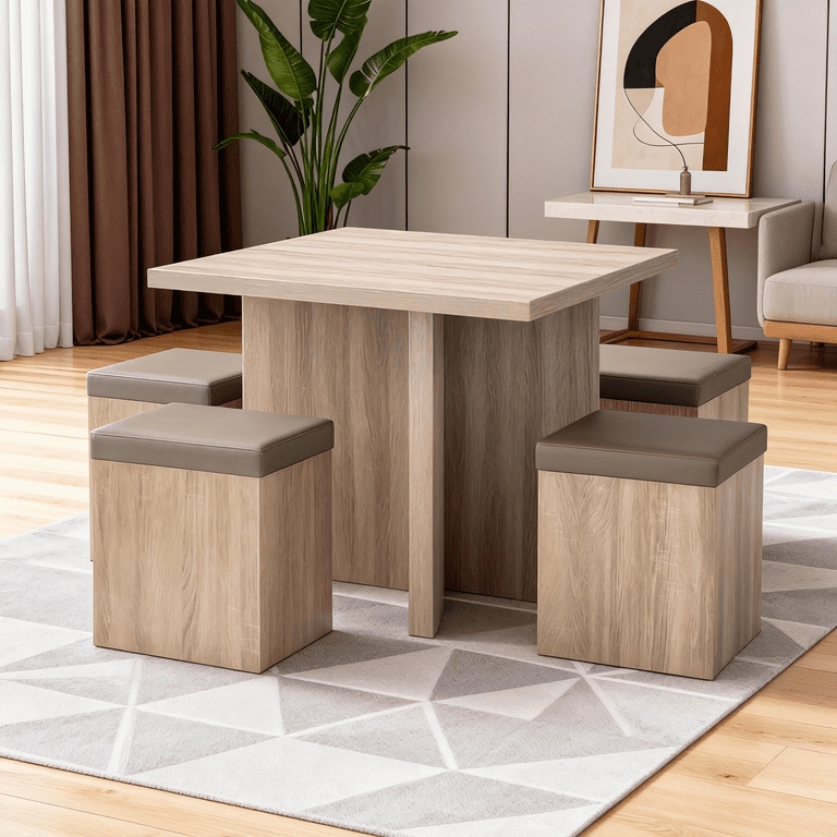 Dining Table Set Square Table Taupe Upholstery Tapered Legs